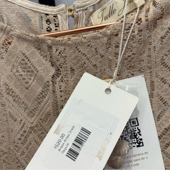 Tulle Jour Crochet Fringe Boho Western Elegant Lace Beige Pink Midi Dress XS - Picture 4 of 5